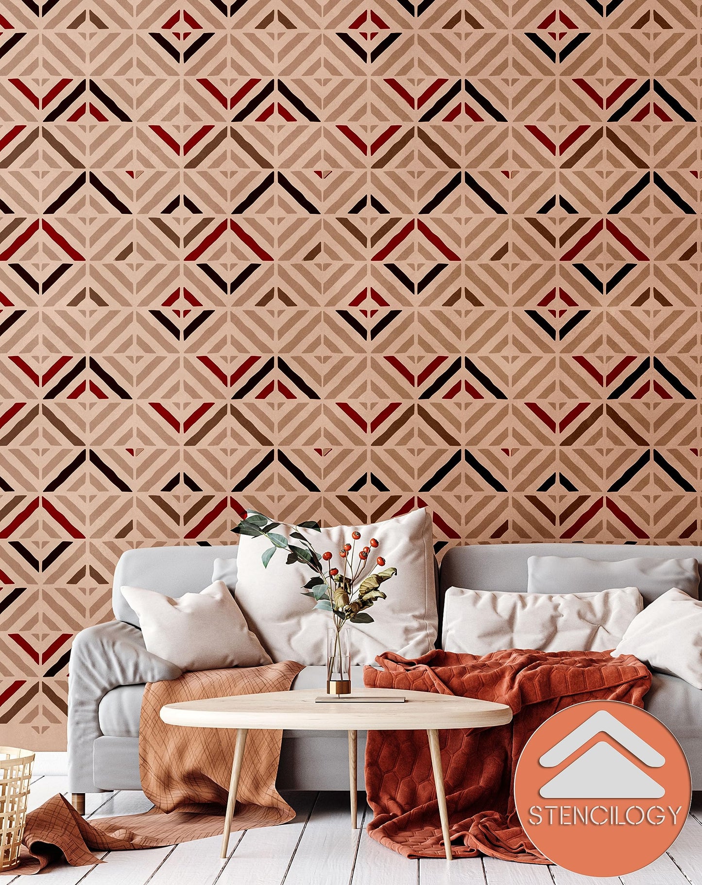 SAMARA- XL Wall Stencil, Modern Stencil, Large Allover Wall Stencils for Painting, Large Ethnic Geometric Wall Stencil