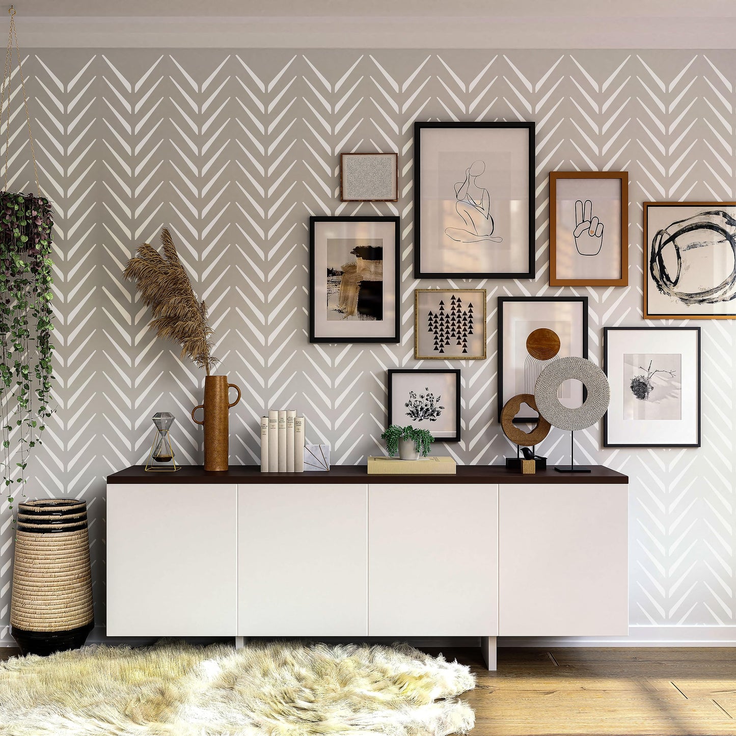 SARISU - XL Wall Stencil, Modern Stencil, Large Allover Wall Stencils for Painting, Large Ethnic Geometric Wall Stencil