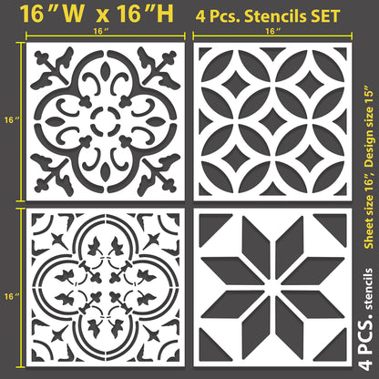 4 pcs. / Tile Stencil Set, Reusable Tile Stencils Set for Painting, Furniture, Floor/Household Paint Wall Stencils